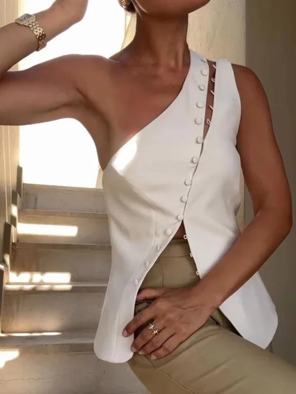 Asymmetrical Button One-Shoulder Top