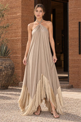 Halter Fringe Maxi Party Dress