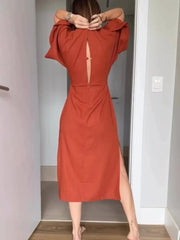 V-Neck Fashionable Casual Short Sleeve Slit Dress