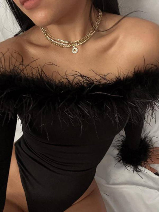 Chic Furry Patchwork Off-Shoulder Bodysuit
