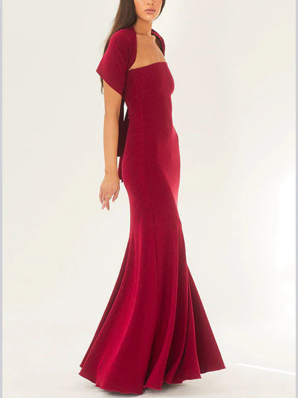 Waist-Tied Strapless Cape Dress