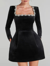 Elegant Square Neck Rhinestone Velvet Mini Dress