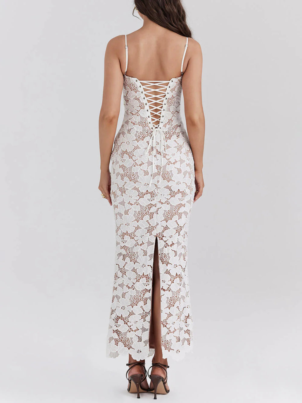 Stylish Sexy Lace Halter Neck See-Through Midi Dress