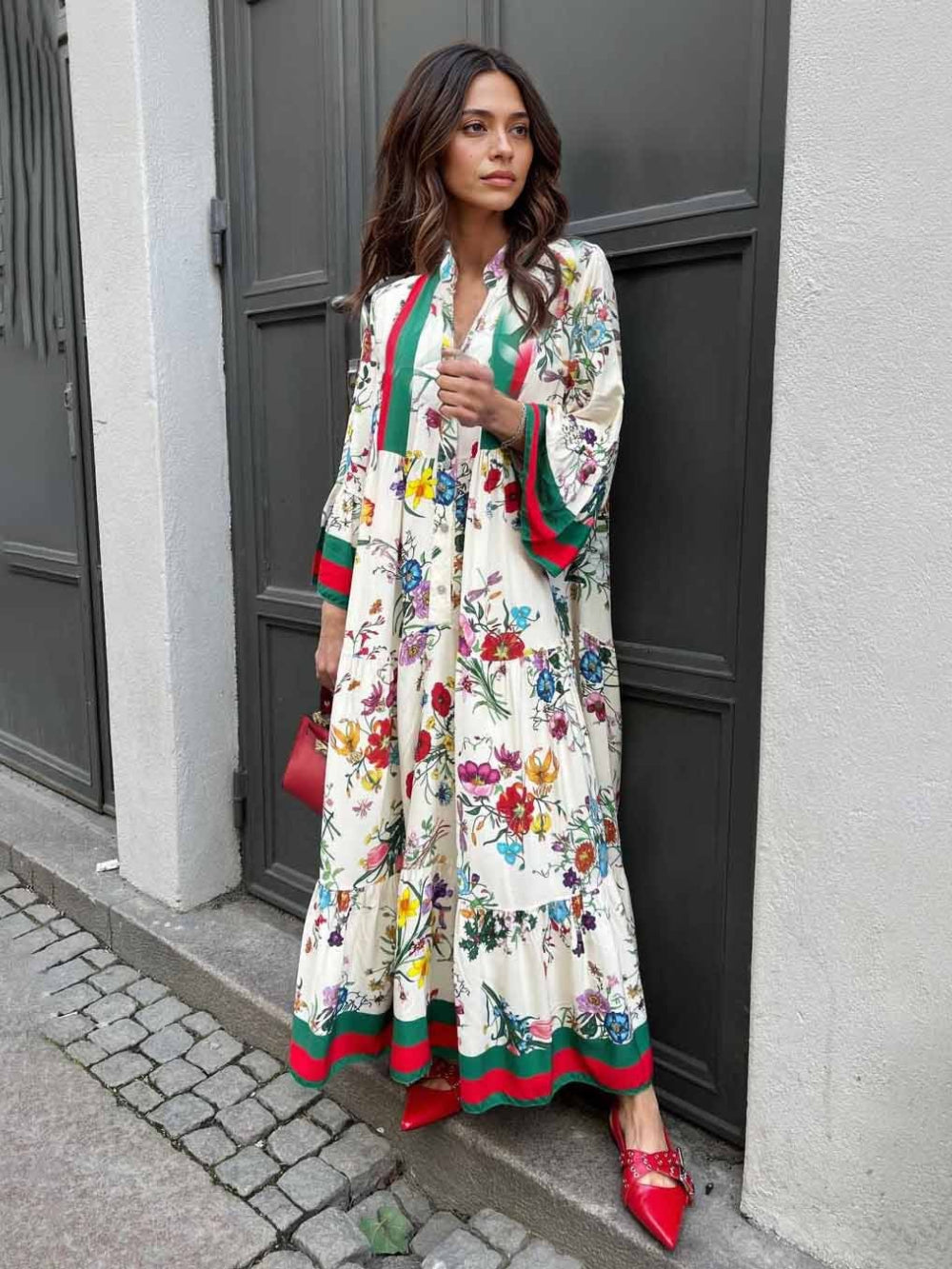 Floral Print Bell Sleeve Maxi Dress