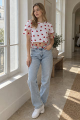 Heart Mesh Patchwork Cotton T-Shirt