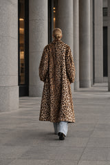 Leopard Print Notched Collar Longline Faux Fur Overcoat