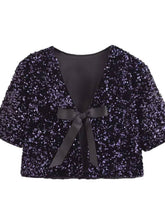 Short Sleeve Sequin Bow Blouse