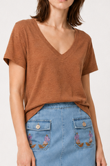 Minimalist Solid Deep V Neck Slub Cotton Loose T-shirt