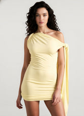 Elegant Tie Strap Asymmetric Neck Ruched Bodycon Mini Dress