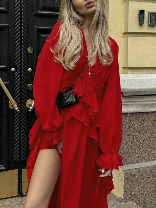 Ruffled V-Neck Long Sleeve Dress