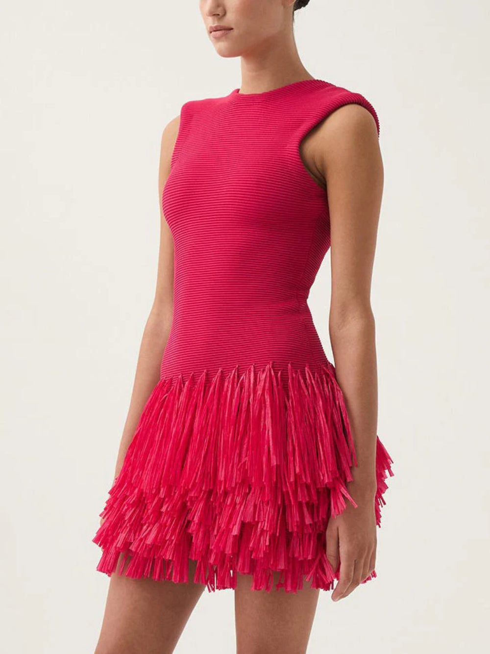 Elegant Raffia Layered Fringed Knit Dress