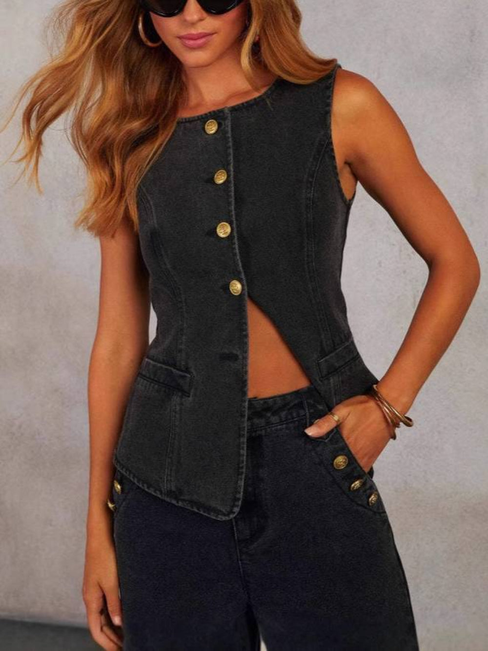 Wide Leg Pants with Denim Vest Set - Vest