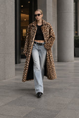 Leopard Print Notched Collar Longline Faux Fur Overcoat