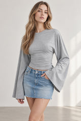 Solid Crew Neck Wide Sleeve Waist Cinched Long Sleeve Tee