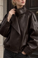 High Collar Epaulet Faux Leather Jacket