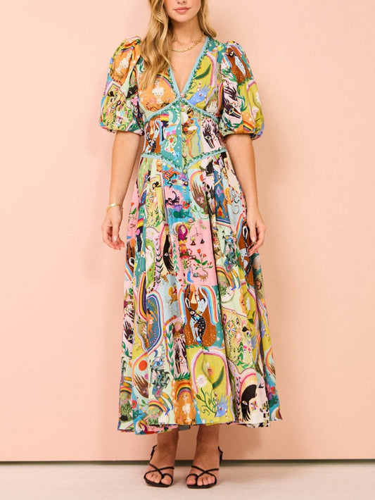Casual Graffiti Evergreen Print Midi Dress