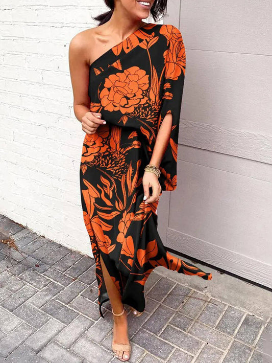Rose Print One Shoulder Slit Dress