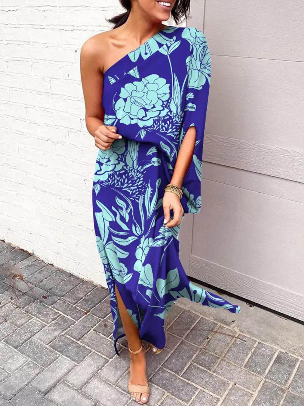 Rose Print One Shoulder Slit Dress