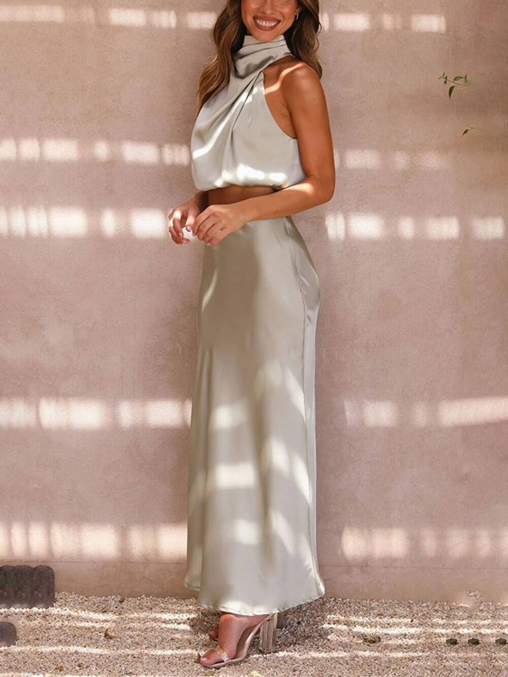 High Neck Satin Top Skirt Set