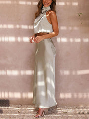 Satin Multi-Color Fitted Casual Skirt Set