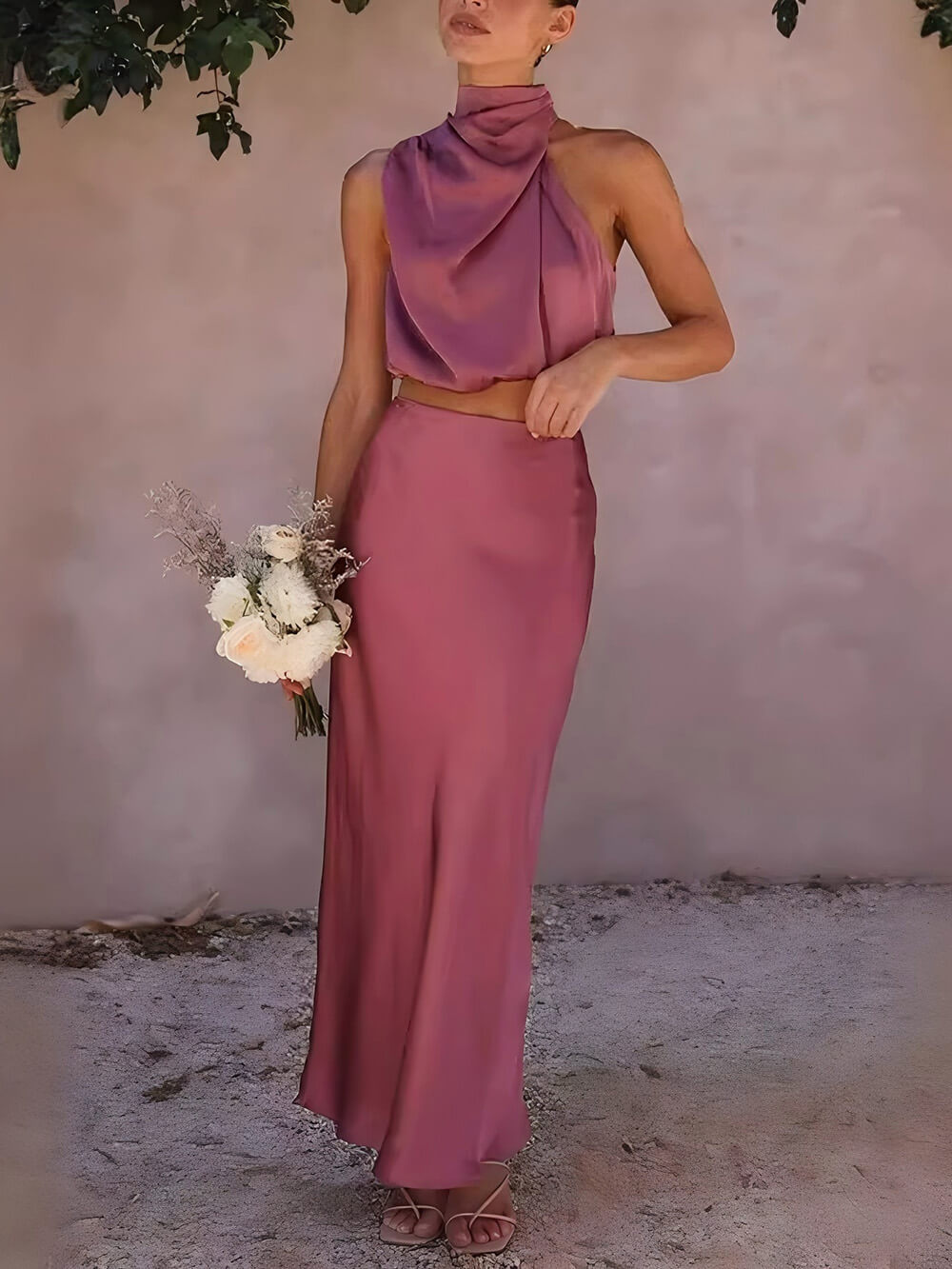 High Neck Satin Top Skirt Set