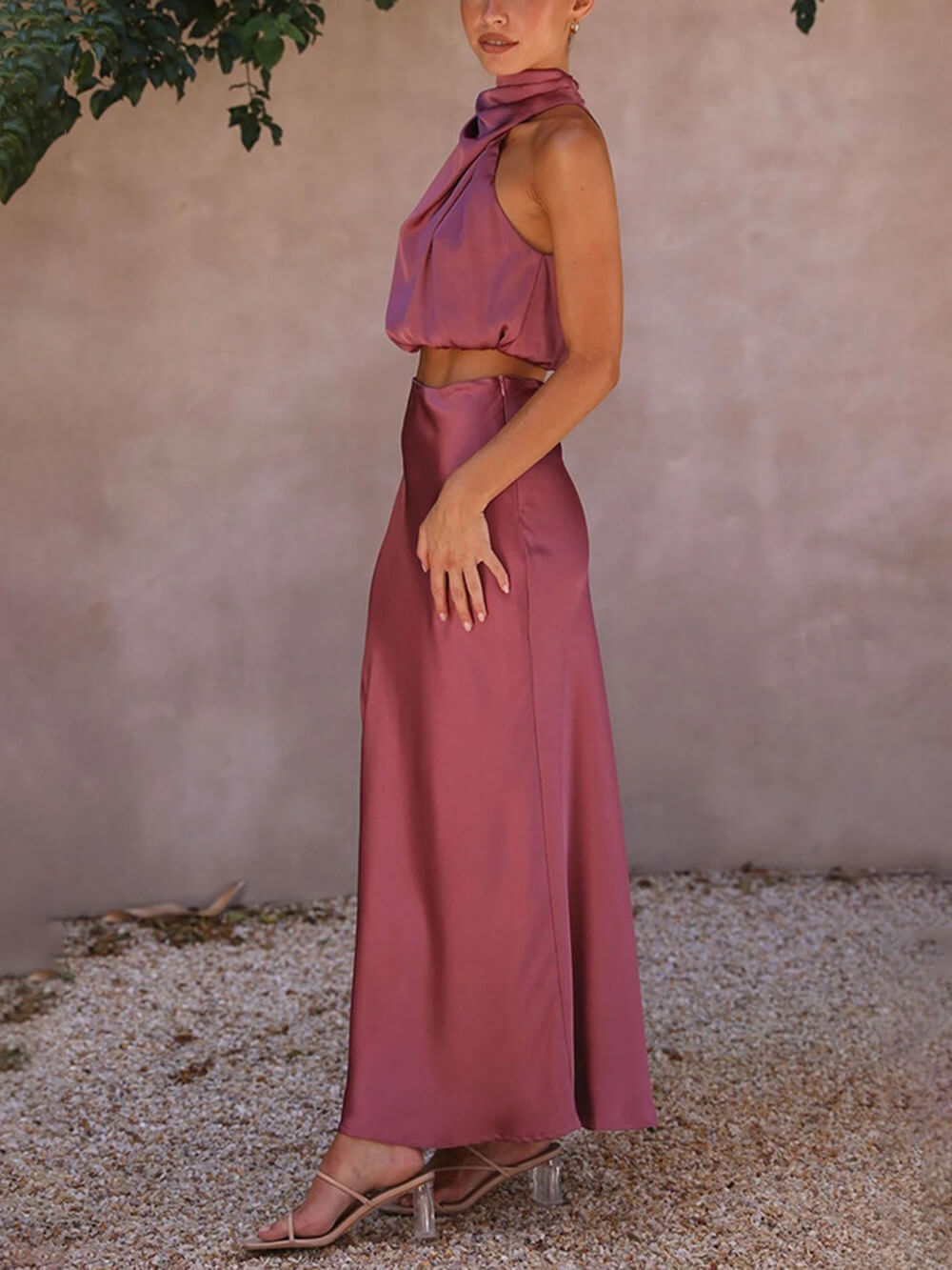 High Neck Satin Top Skirt Set
