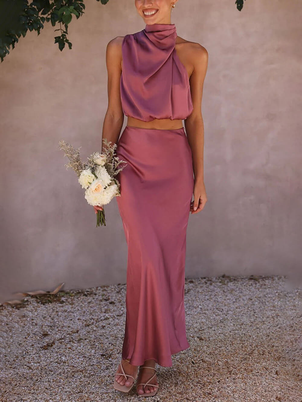 High Neck Satin Top Skirt Set