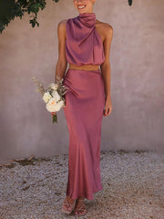 Satin Multi-Color Fitted Casual Skirt Set