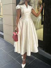 Pleated V-Neck Waisted A-Line Elegant Midi Dress