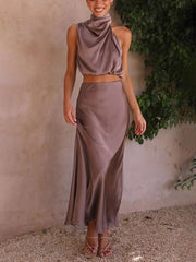 Satin Multi-Color Fitted Casual Skirt Set