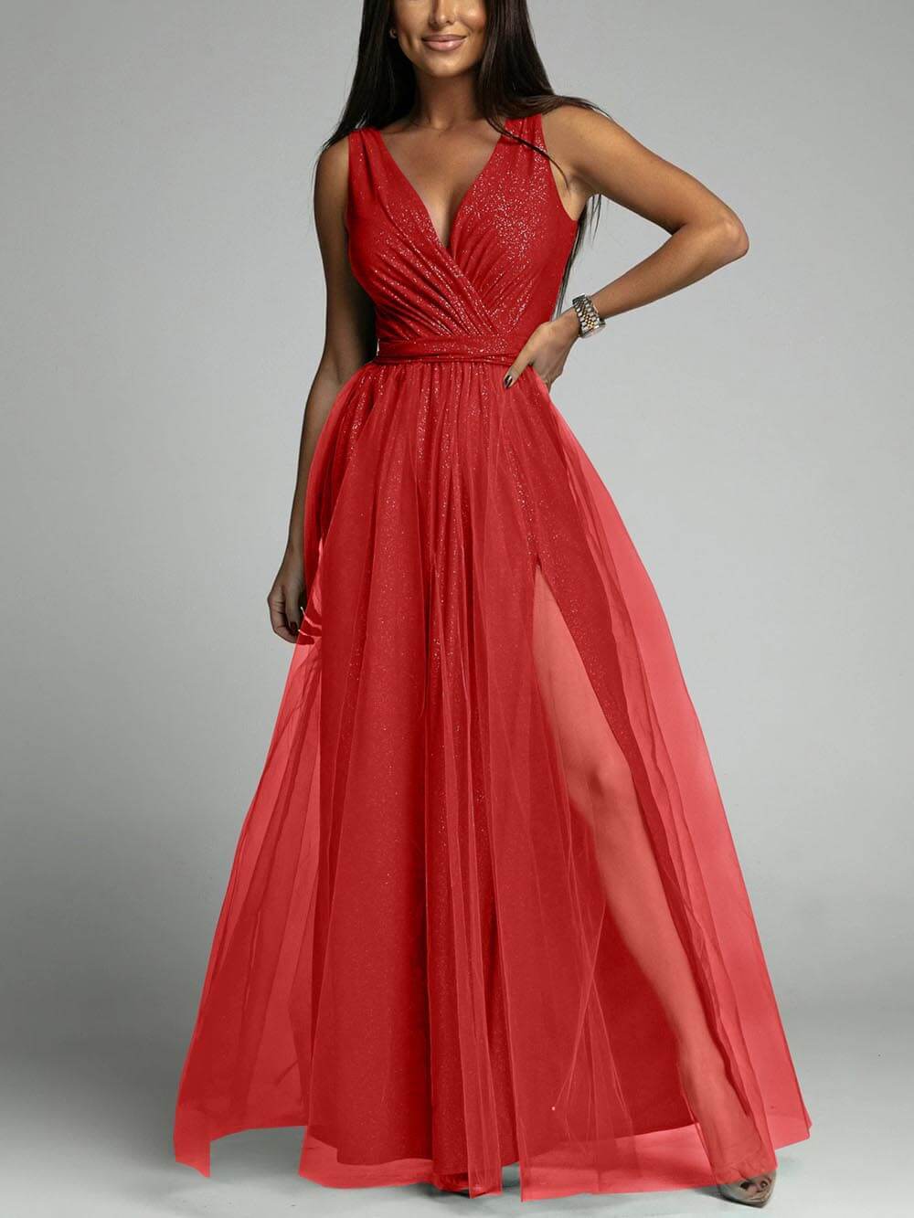 Sexy V-Neck High Slit A-Line Dress