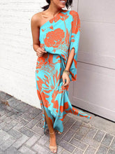 Rose Print One Shoulder Slit Dress