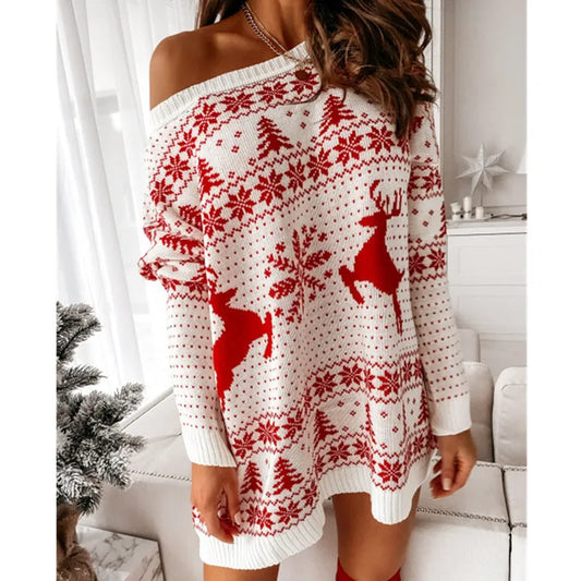 Snowflake Reindeer Knit Sweater Dress