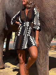 Vibrant Ethnic Print Elastic Babydoll Dress