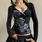 Floral Print Slim Fit V-neck Long Sleeve Top