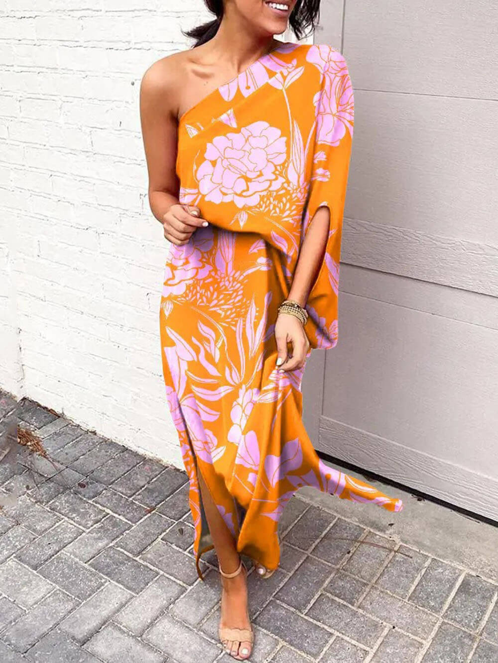 Rose Print One Shoulder Slit Dress