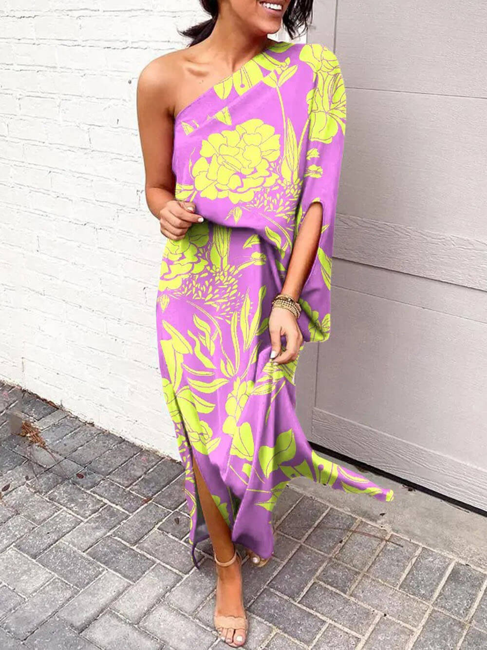Rose Print One Shoulder Slit Dress