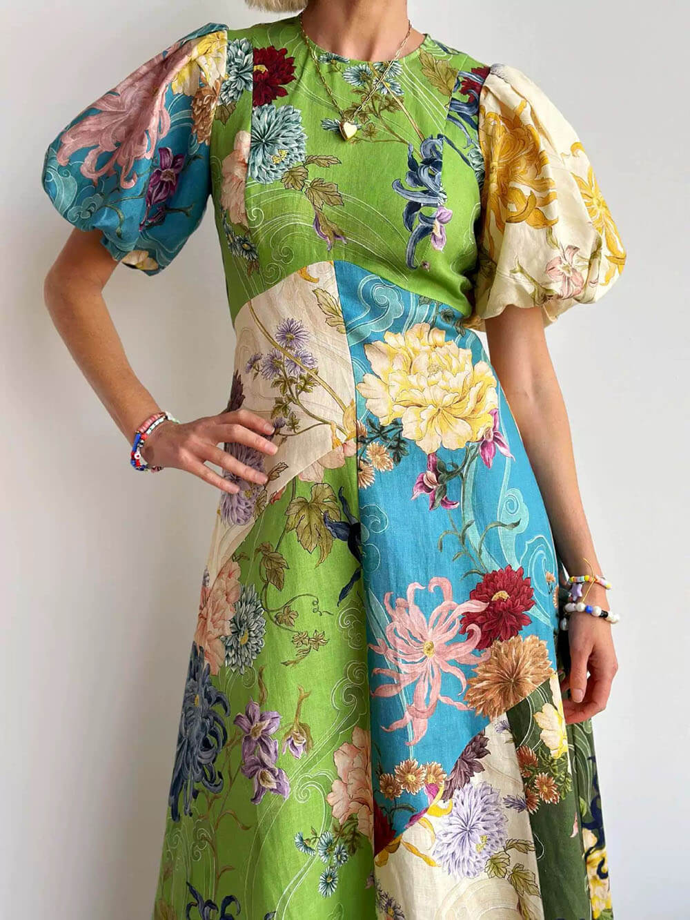 Graffiti Lantern Sleeve Casual Fashion Linen Dress