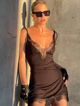Brown Lace Satin Sling Dress
