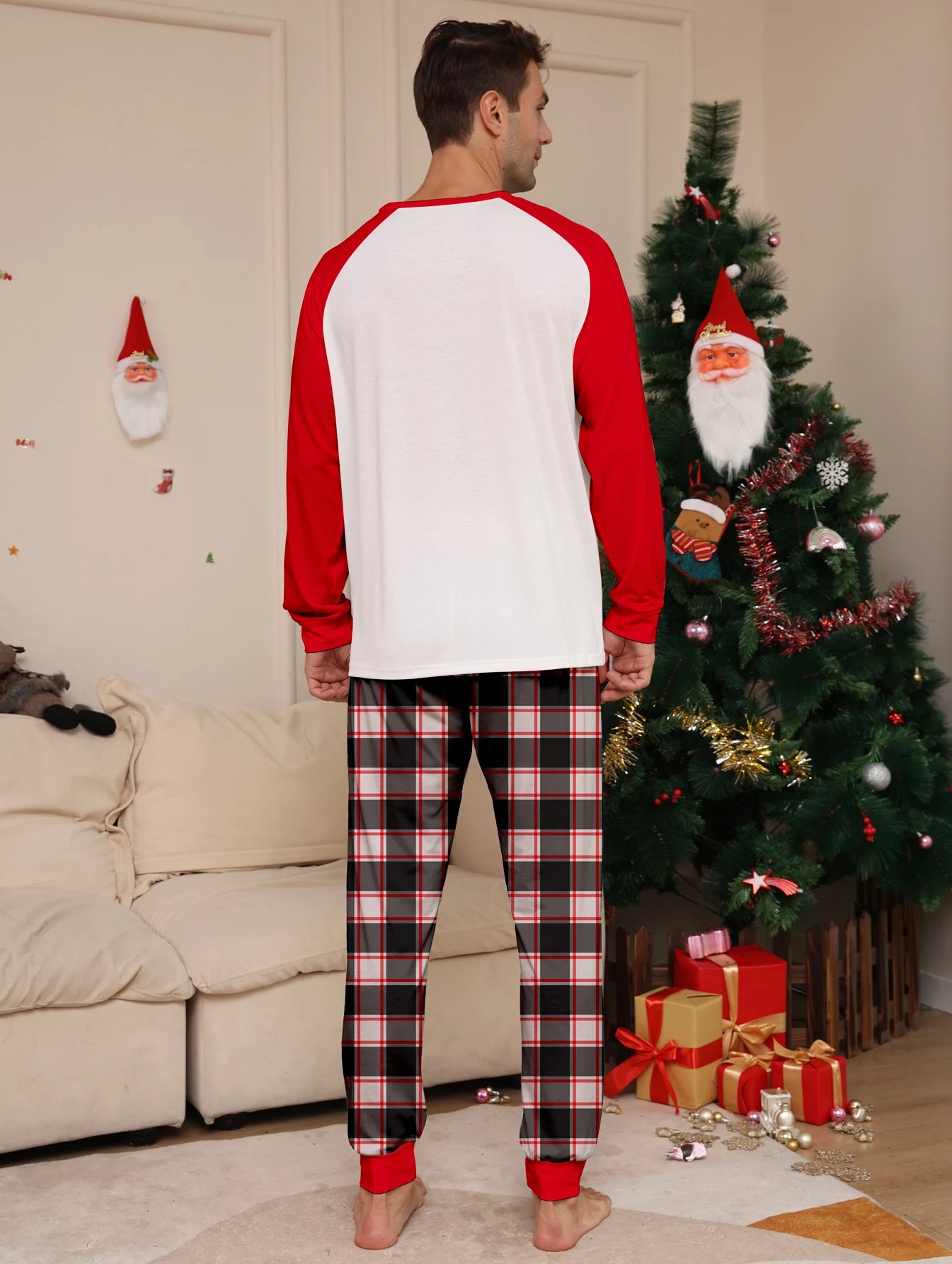 Raglan Sleeve White & Red Top with Plaid Pants