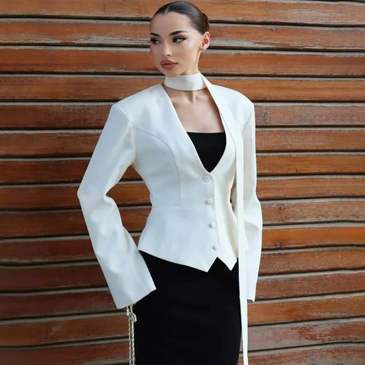 V-Neck Cinched Waist Blazer Jacket