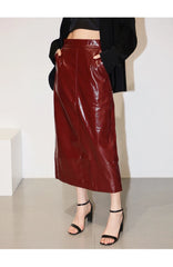 Shiny Reflective PU Leather Midi Skirt