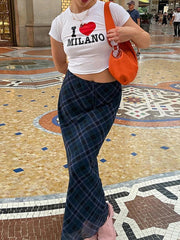 Argyle Plaid Midi Skirt with Tie-Up Detail