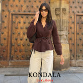 Brown V-Neck Knit Cardigan With Sash