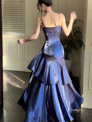 Blue Ruffle Mermaid Dress with Spaghetti Straps