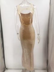 Rhinestone Backless Maxi Dress