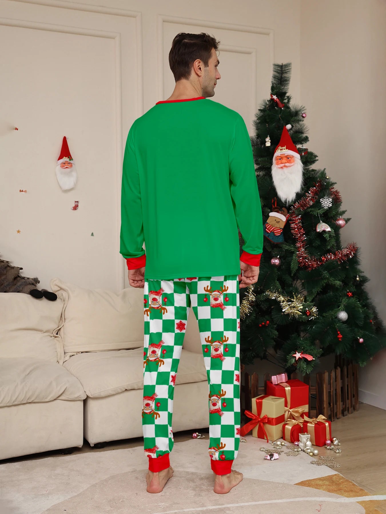 Green Reindeer "Merry Christmas" Print Pajama Set