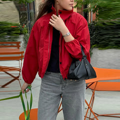 Solid Zip Stand Collar Bomber Jacket