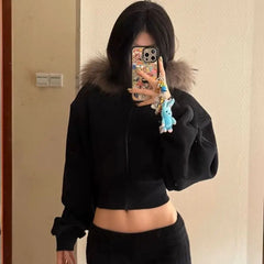 Fur Collar Hooded Crop Jacket