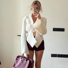 White Hollow Out Knit Cardigan